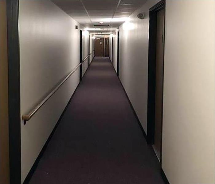 hallway with white walls and dark brown carpet
